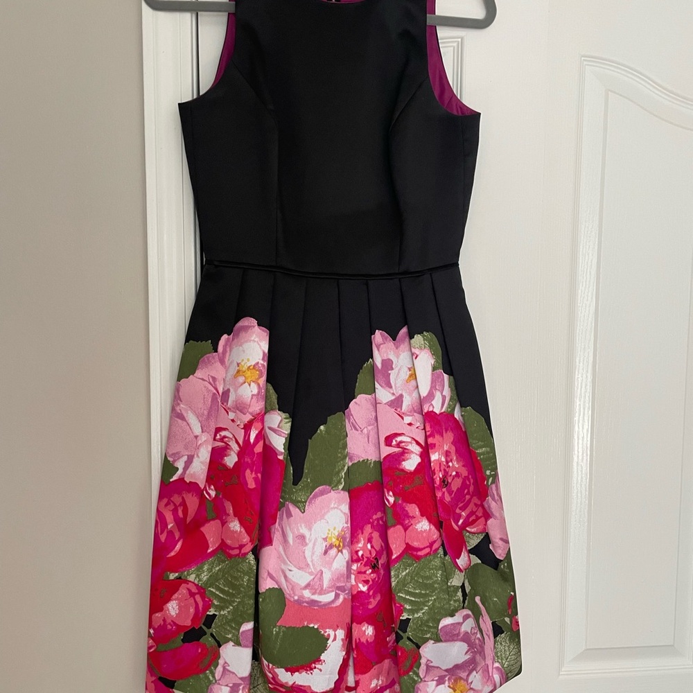 Tahari Black Dress with Pink Floral Design